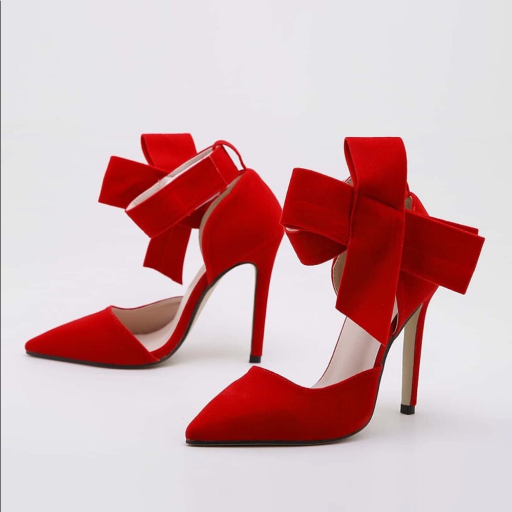 Sold! NEW MMJoly 💋 Red Suede Bow Stilettos - Picture 3 of 9
